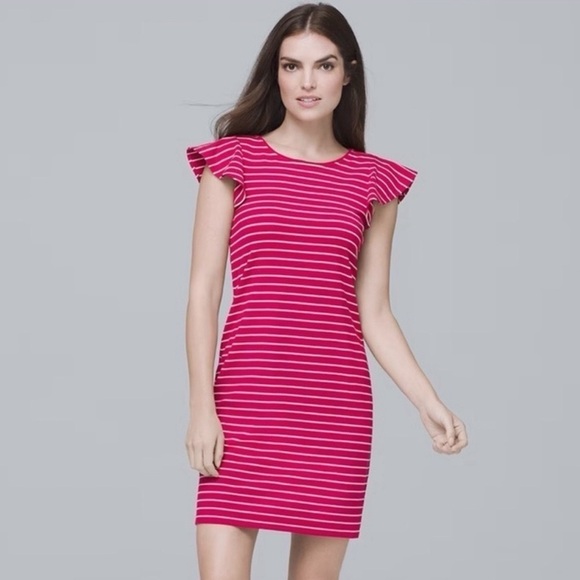 White House Black Market Pink Striped Flounce Sleeve Shift Dress Large - Picture 1 of 12